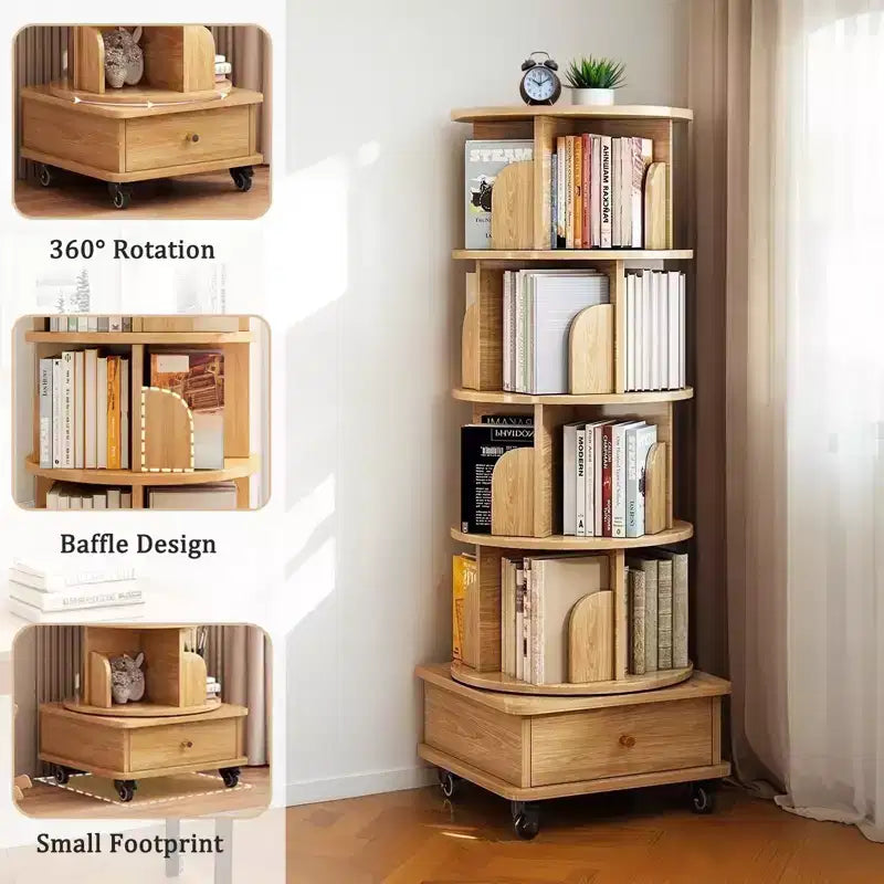 Libreria girevole a 360° a 5 ripiani in rovere con ruote e cassetto, per 1 persona