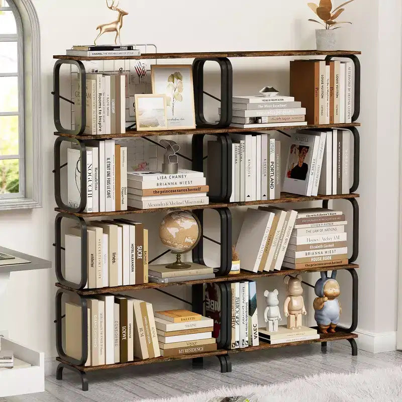 Libreria industriale rustica marrone a 5 ripiani, struttura in metallo nero, per 1 persona