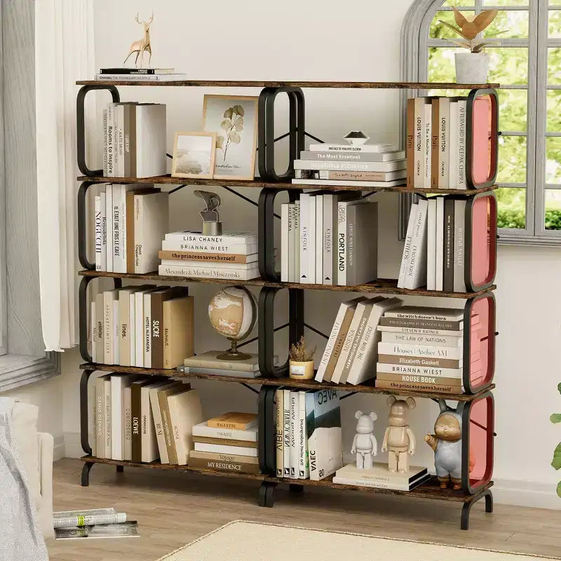 Libreria industriale rustica marrone a 5 ripiani, struttura in metallo nero, per 1 persona