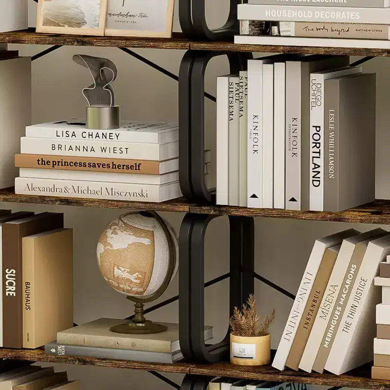 Libreria industriale rustica marrone a 5 ripiani, struttura in metallo nero, per 1 persona