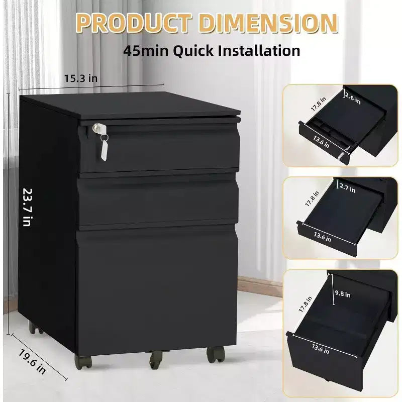 Mobiletto archivio a 3 cassetti su ruote nero/bianco con serratura, mobiletto in acciaio sotto la scrivania per 1 persona