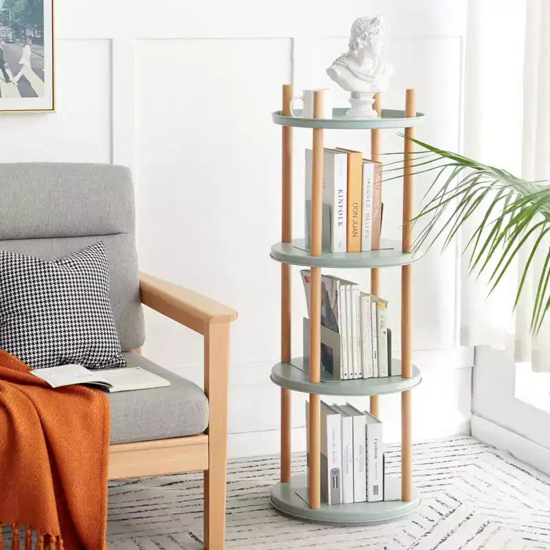 Libreria Girevole a 360° in Legno Naturale, Scaffale a 4 Ripiani Regolabili per 1