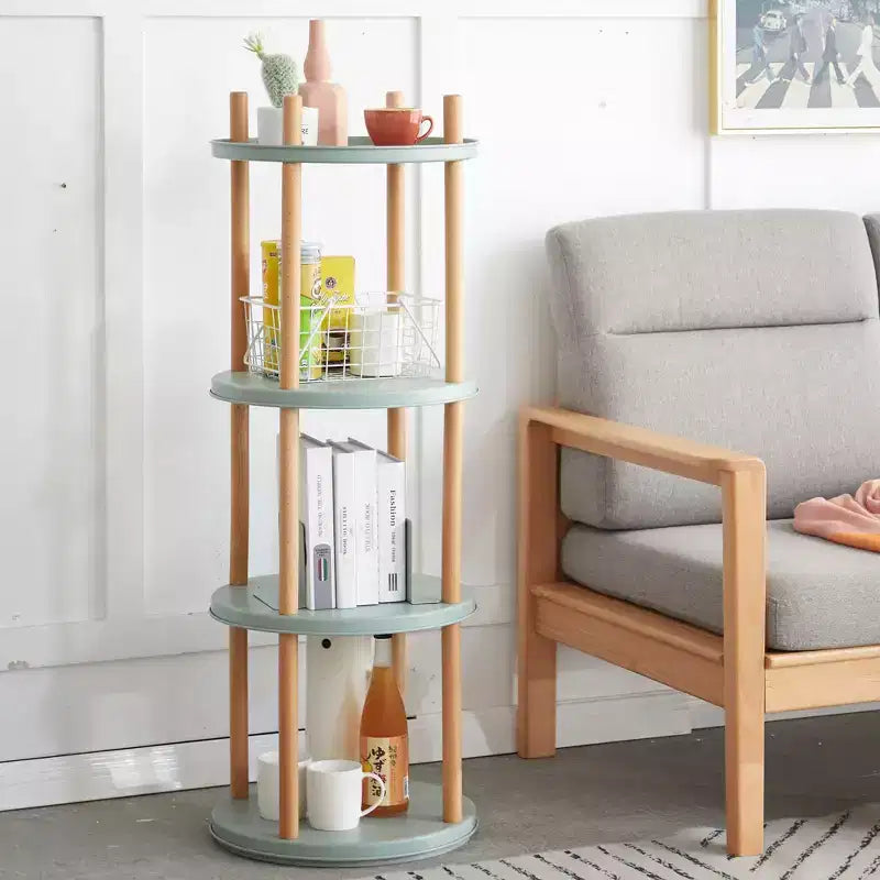 Libreria Girevole a 360° in Legno Naturale, Scaffale a 4 Ripiani Regolabili per 1