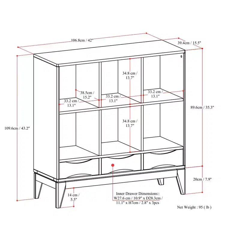 Libreria a 6 scomparti color noce con 3 cassetti, singola