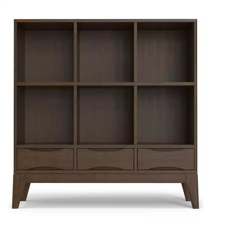 Libreria a 6 scomparti color noce con 3 cassetti, singola