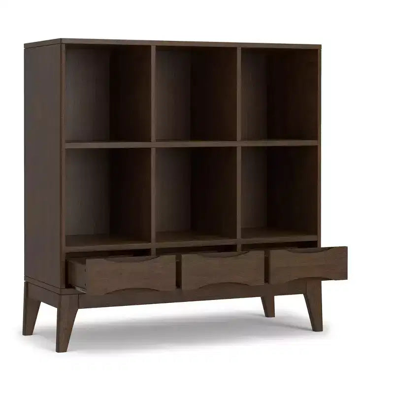 Libreria a 6 scomparti color noce con 3 cassetti, singola