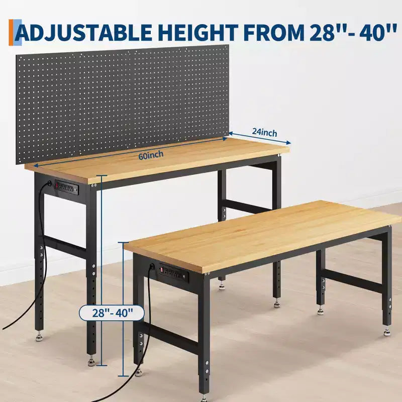 Banco da lavoro in legno naturale regolabile in altezza, 152x61 cm, monoposto, telaio in metallo a 4 gambe