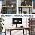 Banco da lavoro in legno naturale regolabile in altezza, 152x61 cm, monoposto, telaio in metallo a 4 gambe