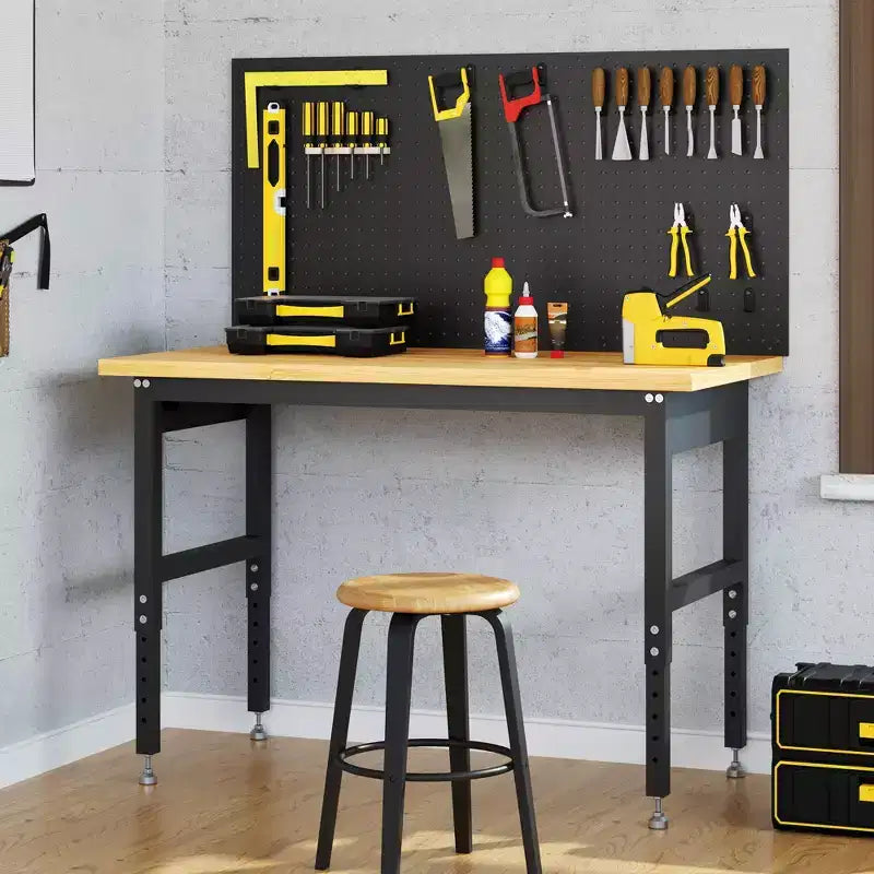 Banco da lavoro in legno naturale regolabile in altezza, 152x61 cm, monoposto, telaio in metallo a 4 gambe
