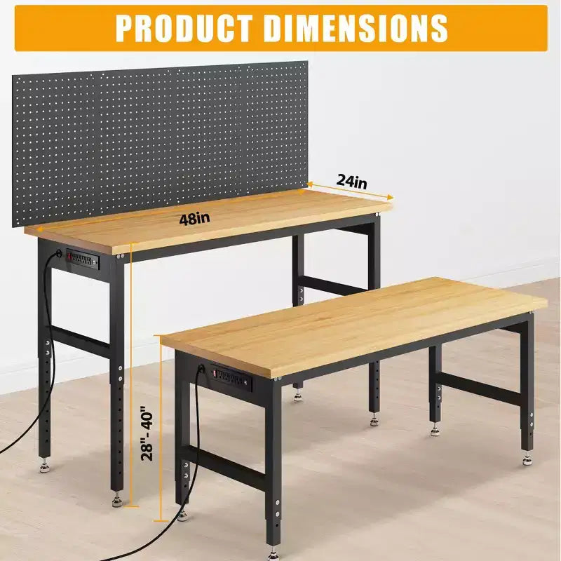 Banco da lavoro in legno naturale regolabile in altezza, 152x61 cm, monoposto, telaio in metallo a 4 gambe