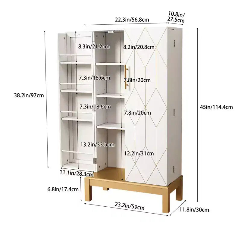 Dispensa in legno bianco con ante geometriche dorate, 2 ante e 8 ripiani, montaggio a 1 persona