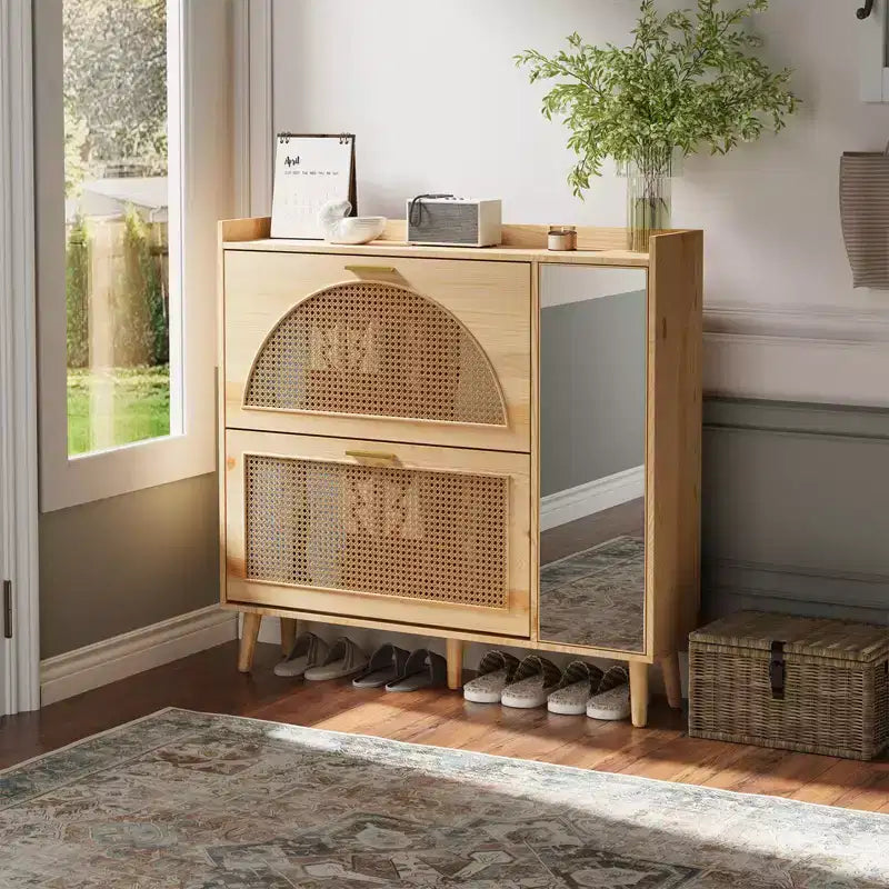 Scarpiera in rattan naturale con specchio, 2 cassetti a ribalta e armadietto laterale – Mobiletto da ingresso autoportante