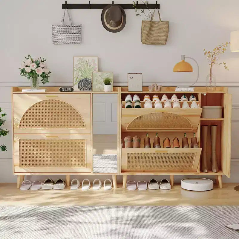 Scarpiera in rattan naturale con specchio, 2 cassetti a ribalta e armadietto laterale – Mobiletto da ingresso autoportante
