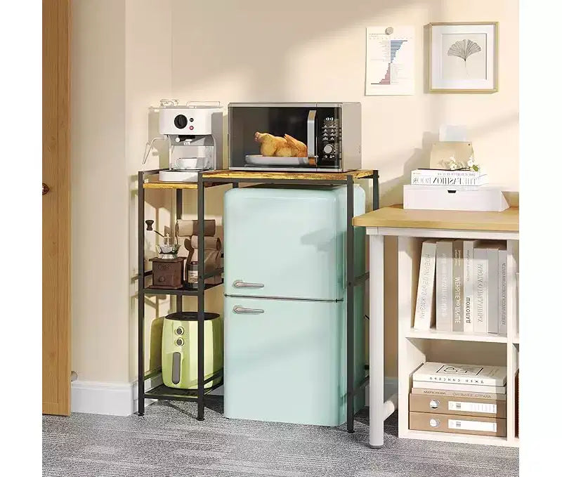Supporto frigo in metallo nero con ripiano portaoggetti e parte superiore regolabile, monouso