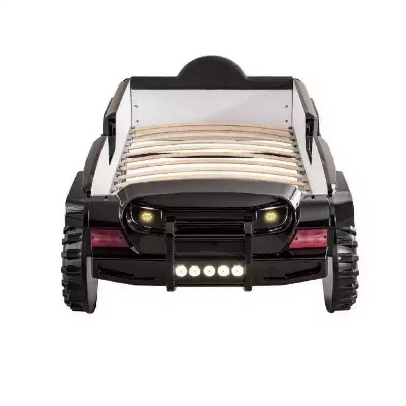 Letto Singolo a Tema Fuoristrada SUV Nero con Luci LED, Effetti Sonori e Rivestimento in Similpelle