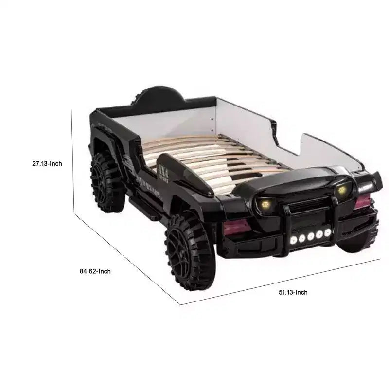 Letto Singolo a Tema Fuoristrada SUV Nero con Luci LED, Effetti Sonori e Rivestimento in Similpelle