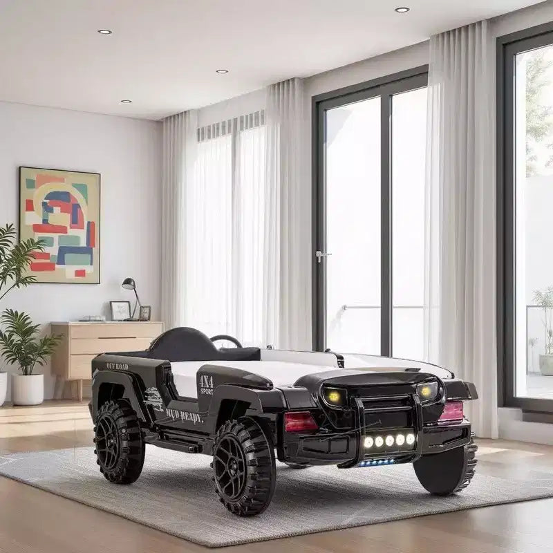 Letto Singolo a Tema Fuoristrada SUV Nero con Luci LED, Effetti Sonori e Rivestimento in Similpelle