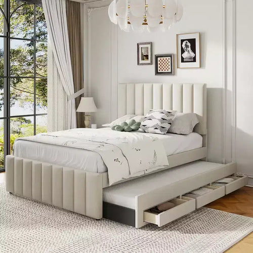 Full Size Upholstered Platform Bed with Twin Size Trundle and 3 Drawers, Linen Fabric, Beige