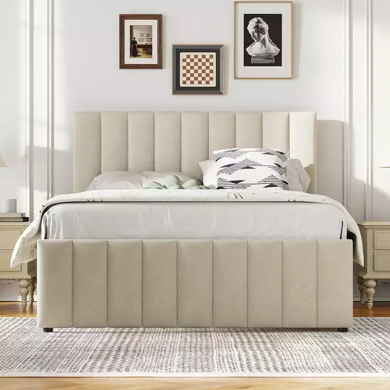 Letto imbottito a piattaforma beige, una piazza e mezza, con letto estraibile singolo e 3 cassetti, per 2+1 persone