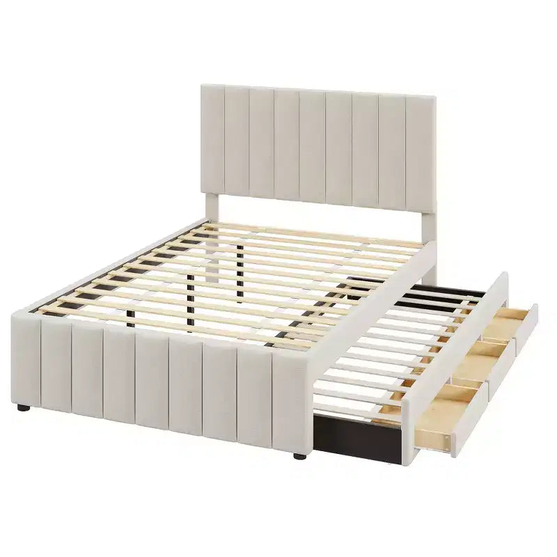Letto imbottito a piattaforma beige, una piazza e mezza, con letto estraibile singolo e 3 cassetti, per 2+1 persone