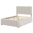 Letto imbottito a piattaforma beige, una piazza e mezza, con letto estraibile singolo e 3 cassetti, per 2+1 persone