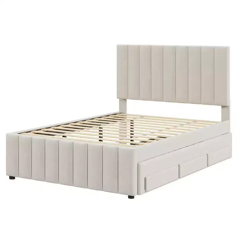 Letto imbottito a piattaforma beige, una piazza e mezza, con letto estraibile singolo e 3 cassetti, per 2+1 persone