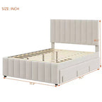 Letto imbottito a piattaforma beige, una piazza e mezza, con letto estraibile singolo e 3 cassetti, per 2+1 persone