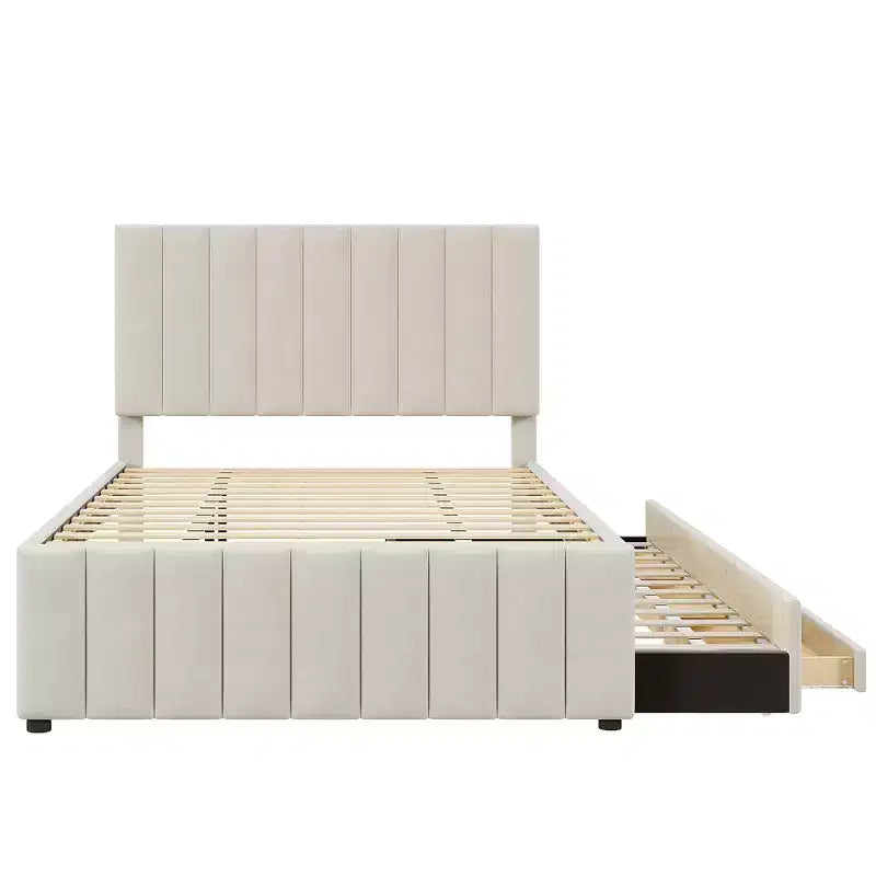 Letto imbottito a piattaforma beige, una piazza e mezza, con letto estraibile singolo e 3 cassetti, per 2+1 persone