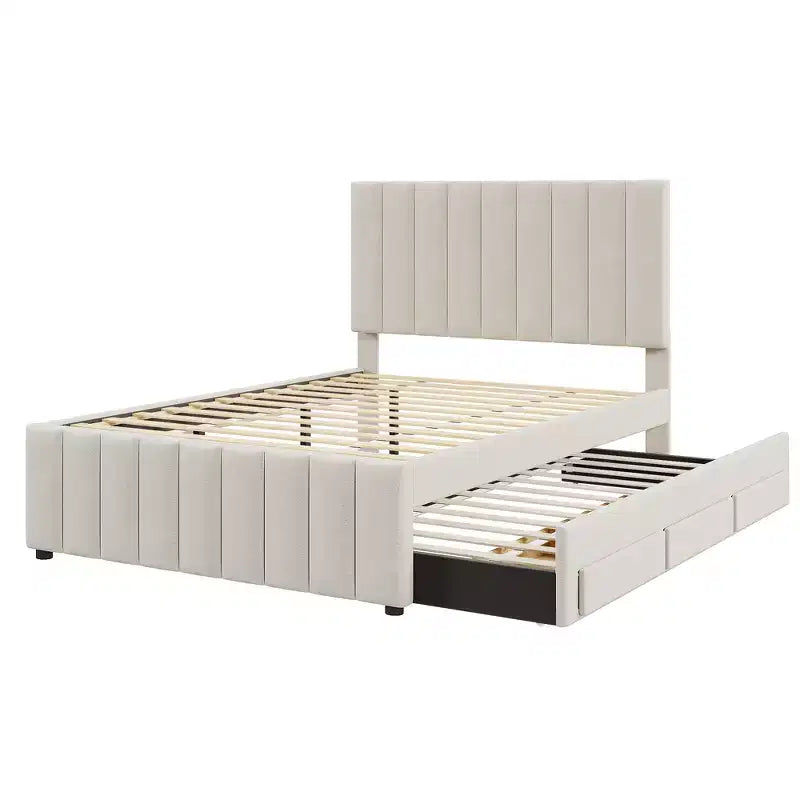 Letto imbottito a piattaforma beige, una piazza e mezza, con letto estraibile singolo e 3 cassetti, per 2+1 persone