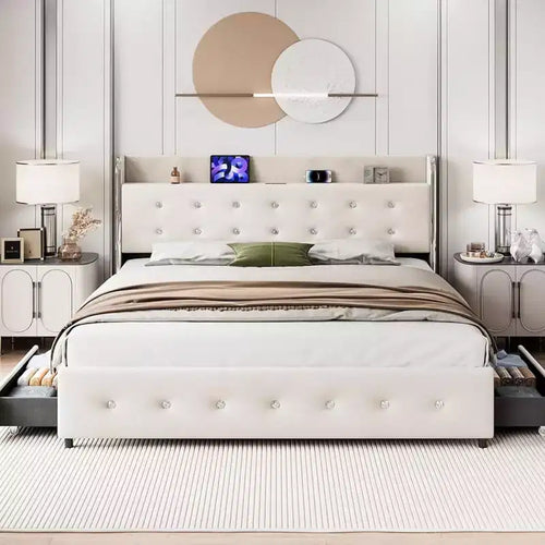 Full Size Bed Frame with Storage Headboard, Velvet Upholstered, Platform Bed Frame with 4 Drawers&Wooden Slat Support, Noise Free Design