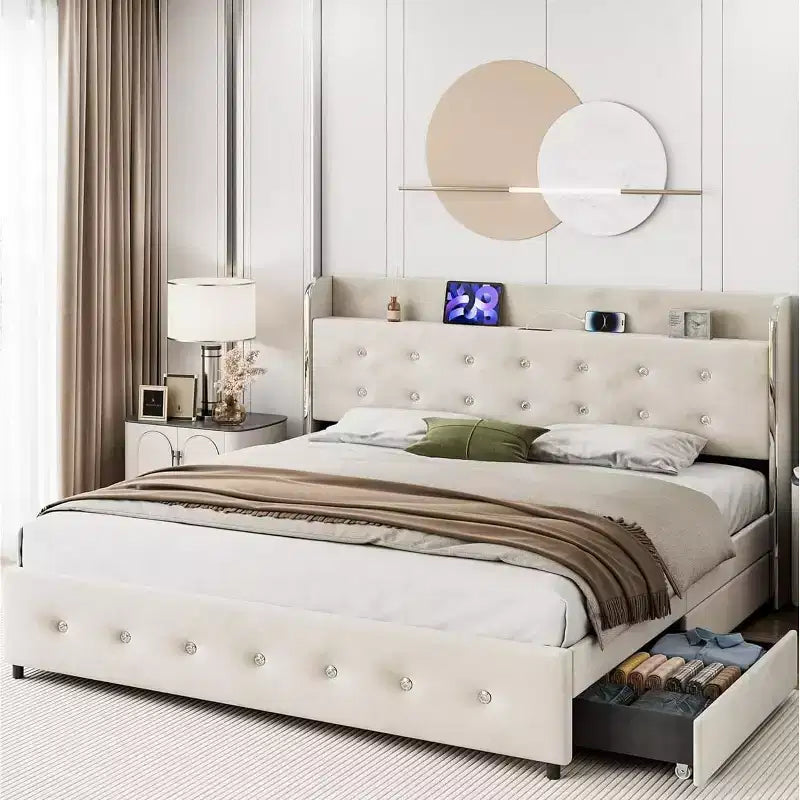 Struttura Letto a Piattaforma Matrimoniale Beige in Velluto, con 4 Cassetti Portaoggetti e Stazione di Ricarica Integrata