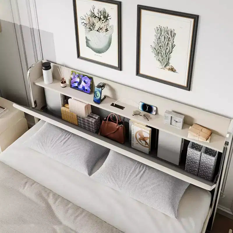 Struttura Letto a Piattaforma Matrimoniale Beige in Velluto, con 4 Cassetti Portaoggetti e Stazione di Ricarica Integrata