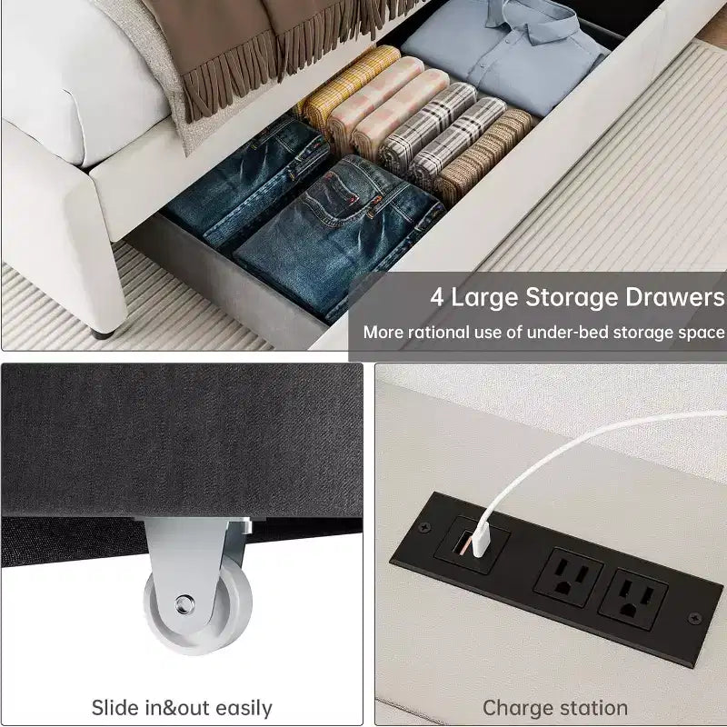 Struttura Letto a Piattaforma Matrimoniale Beige in Velluto, con 4 Cassetti Portaoggetti e Stazione di Ricarica Integrata