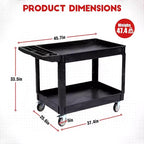 Carrello multiuso nero a 2 ripiani, capacità 250 kg, 4 ruote girevoli con freno, 1 persona