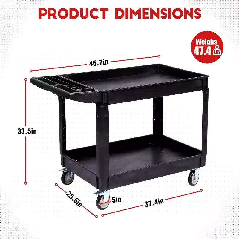 Carrello multiuso nero a 2 ripiani, capacità 250 kg, 4 ruote girevoli con freno, 1 persona