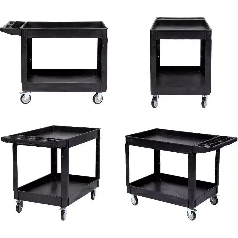 Carrello multiuso nero a 2 ripiani, capacità 250 kg, 4 ruote girevoli con freno, 1 persona