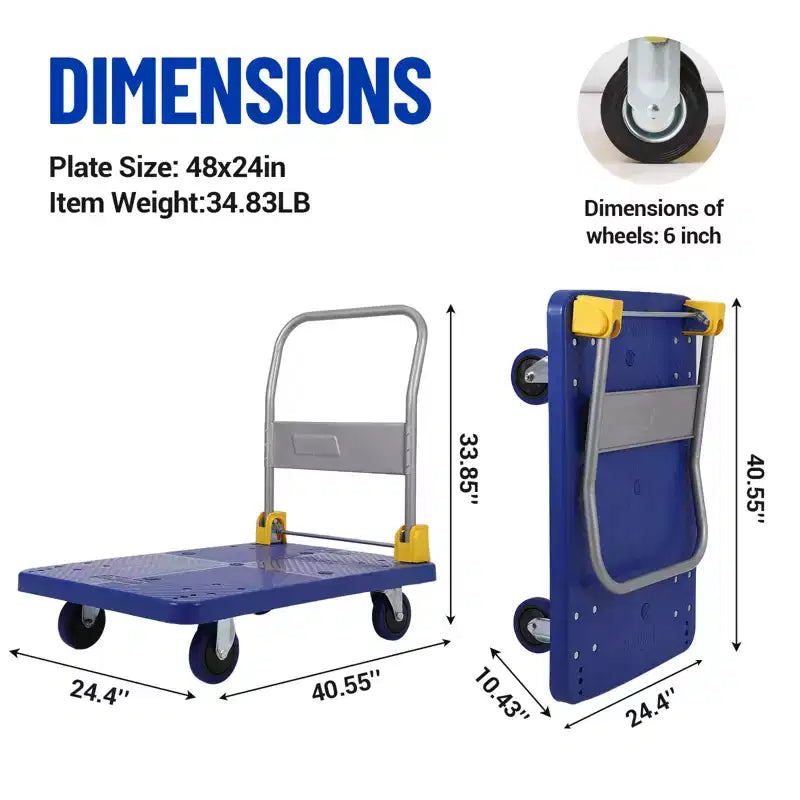 Carrello a piattaforma pieghevole blu, 1 persona, 24×40 in / 36×24 in