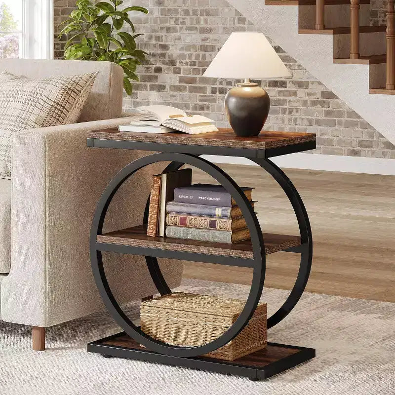 Tavolino Marrone Industriale a 3 Ripiani con Struttura in Metallo Nero, Utilizzo da 1 Persona
