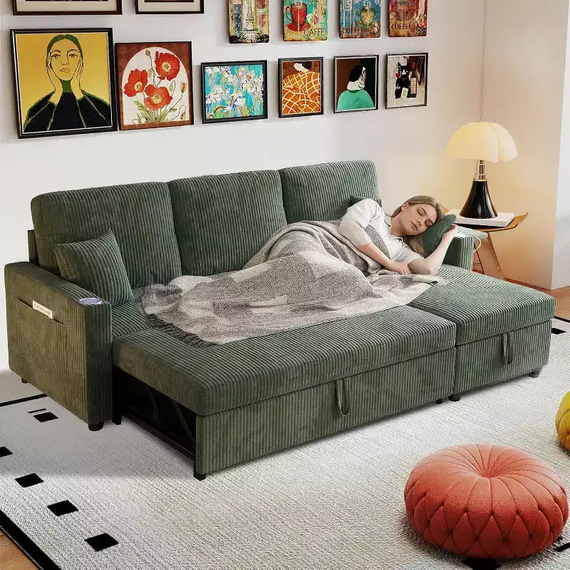 Divano letto convertibile angolare a L verde, 4 posti, con contenitore e porta USB