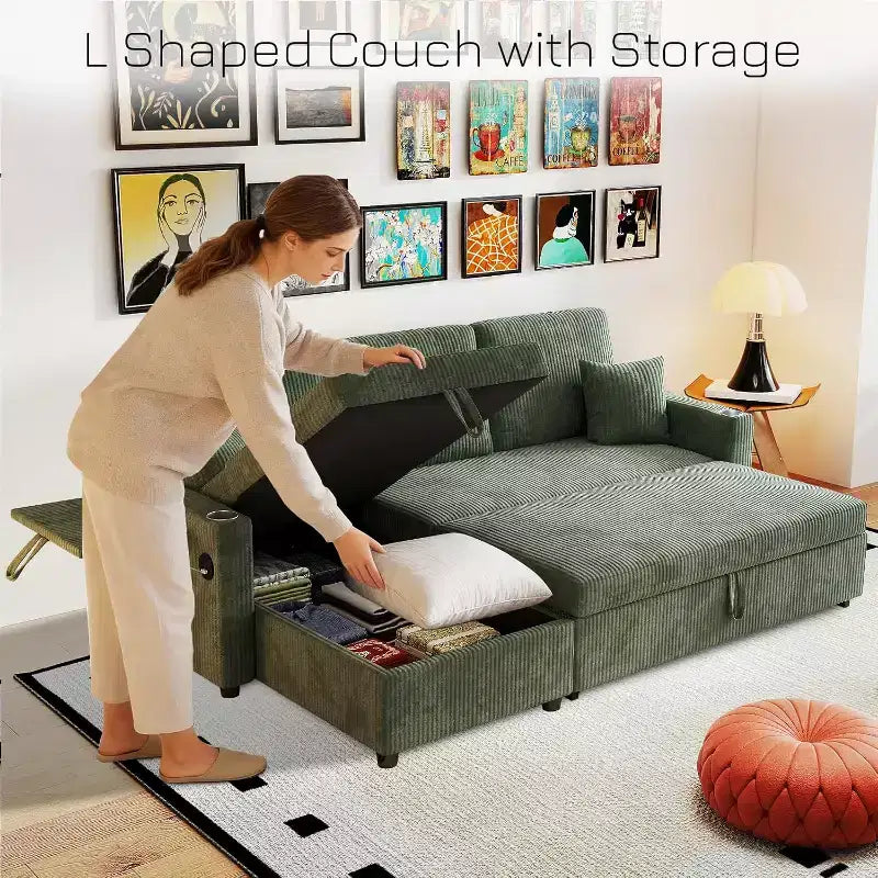 Divano letto convertibile angolare a L verde, 4 posti, con contenitore e porta USB