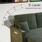 Divano letto convertibile angolare a L verde, 4 posti, con contenitore e porta USB