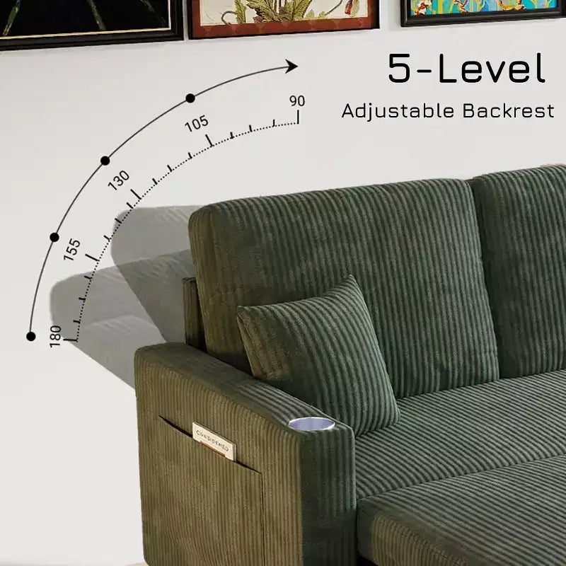 Divano letto convertibile angolare a L verde, 4 posti, con contenitore e porta USB