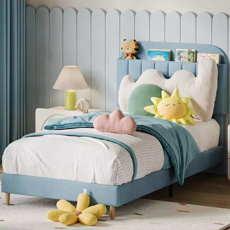 Telaio letto a piattaforma imbottito beige/blu con testiera libreria, singolo