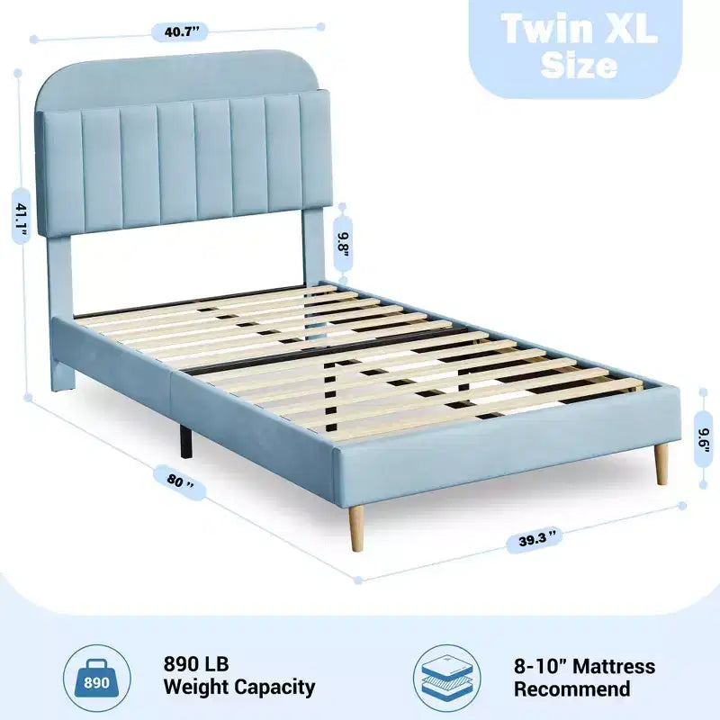Telaio letto a piattaforma imbottito beige/blu con testiera libreria, singolo