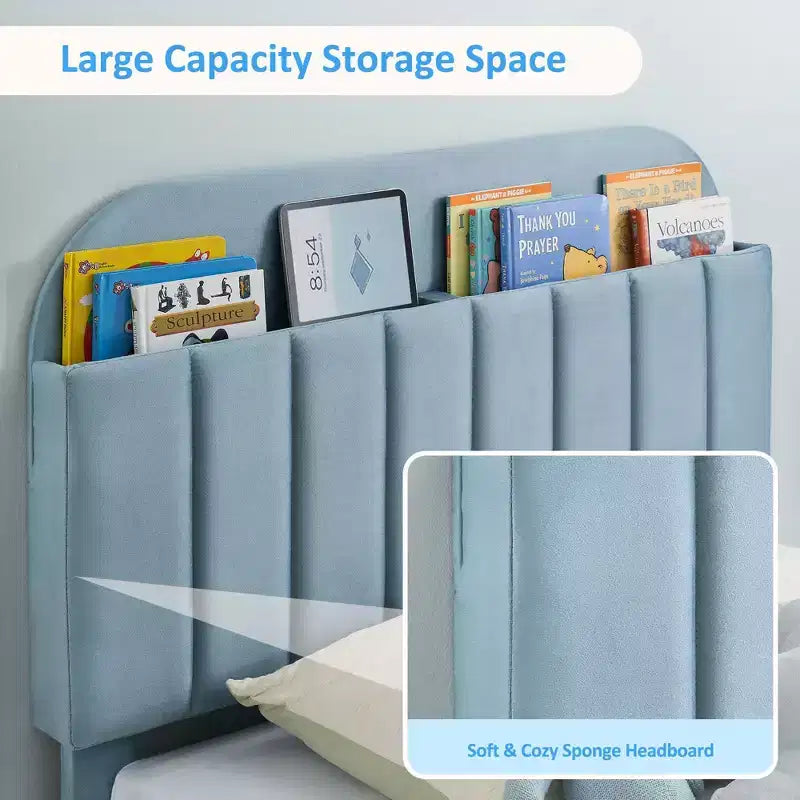 Telaio letto a piattaforma imbottito beige/blu con testiera libreria, singolo