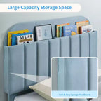 Telaio letto a piattaforma imbottito beige/blu con testiera libreria, singolo