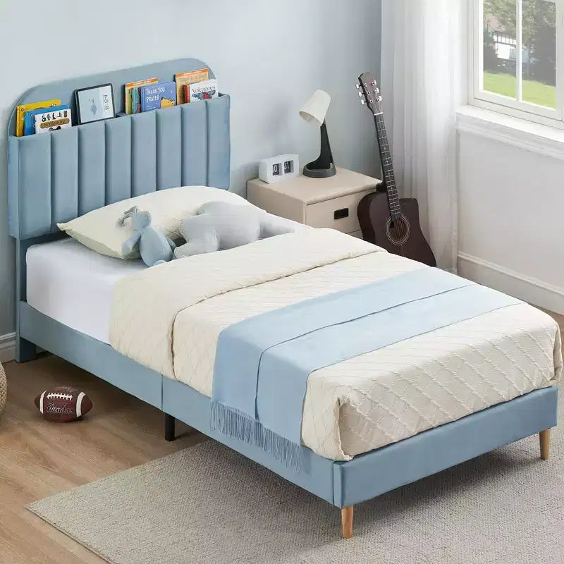 Telaio letto a piattaforma imbottito beige/blu con testiera libreria, singolo