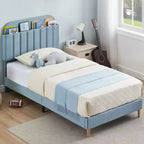 Telaio letto a piattaforma imbottito beige/blu con testiera libreria, singolo
