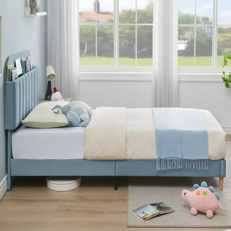 Telaio letto a piattaforma imbottito beige/blu con testiera libreria, singolo