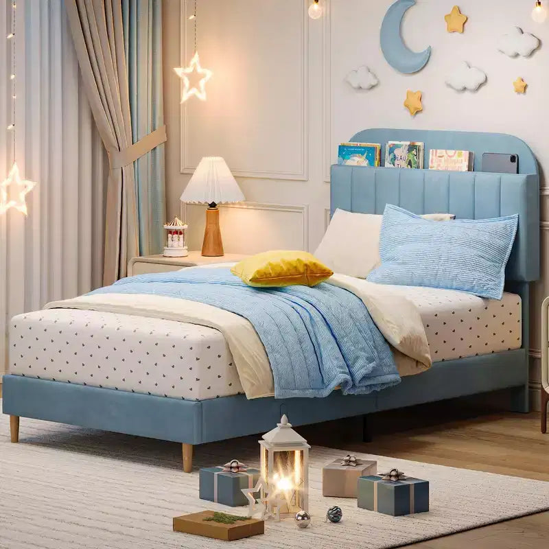 Telaio letto a piattaforma imbottito beige/blu con testiera libreria, singolo